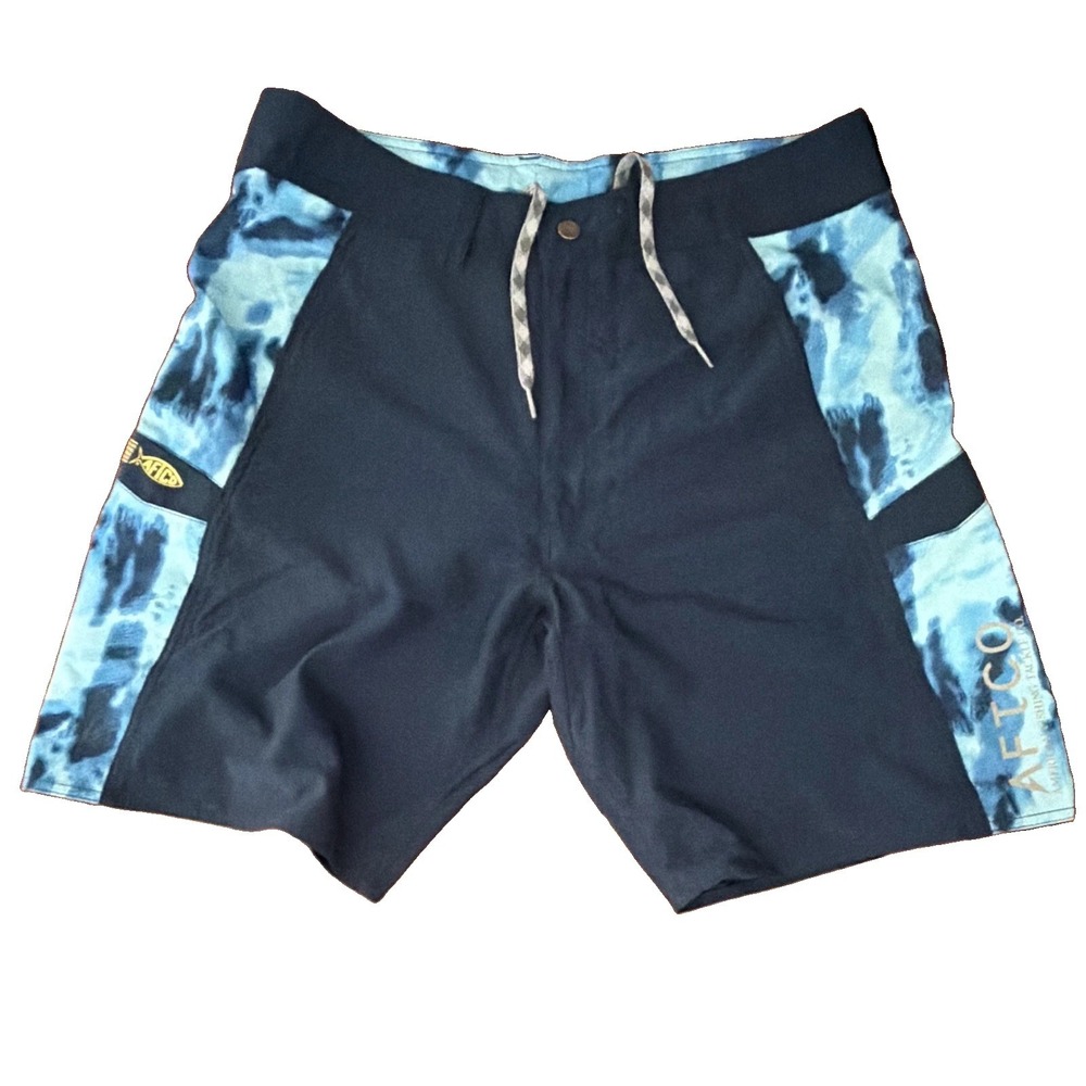 AFTCO Mens 36 Blue Camo Fishing Board Shorts Swim Trunks Pockets Zip Snap Logo